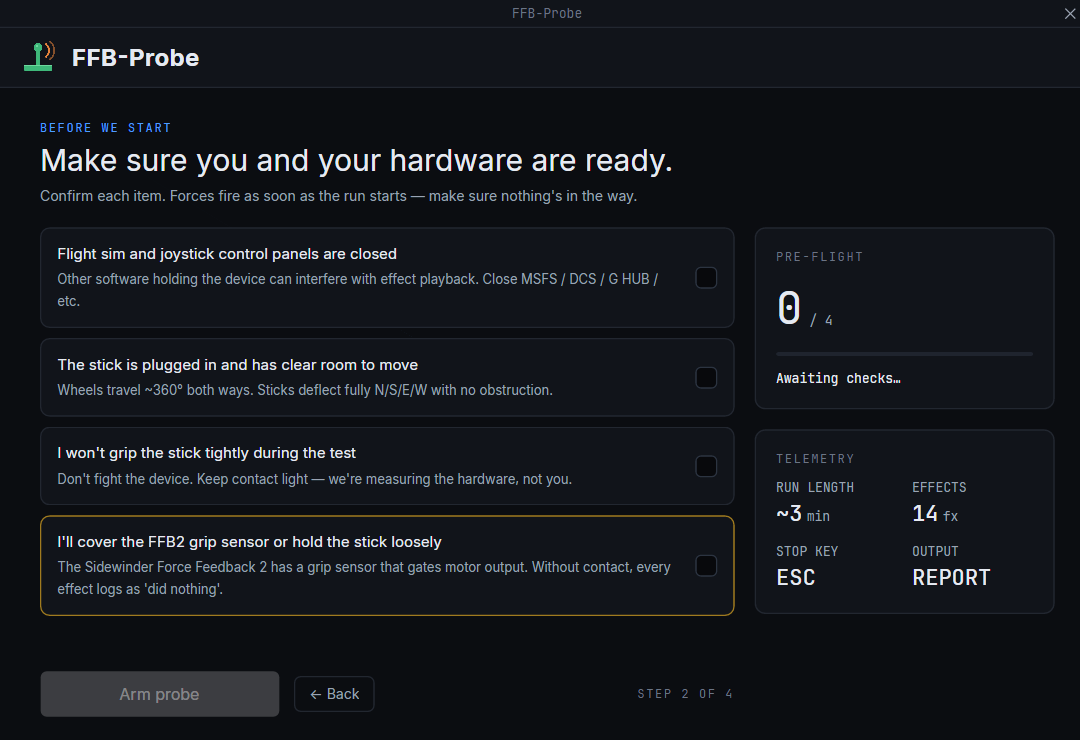 FFB Probe Prepare screen