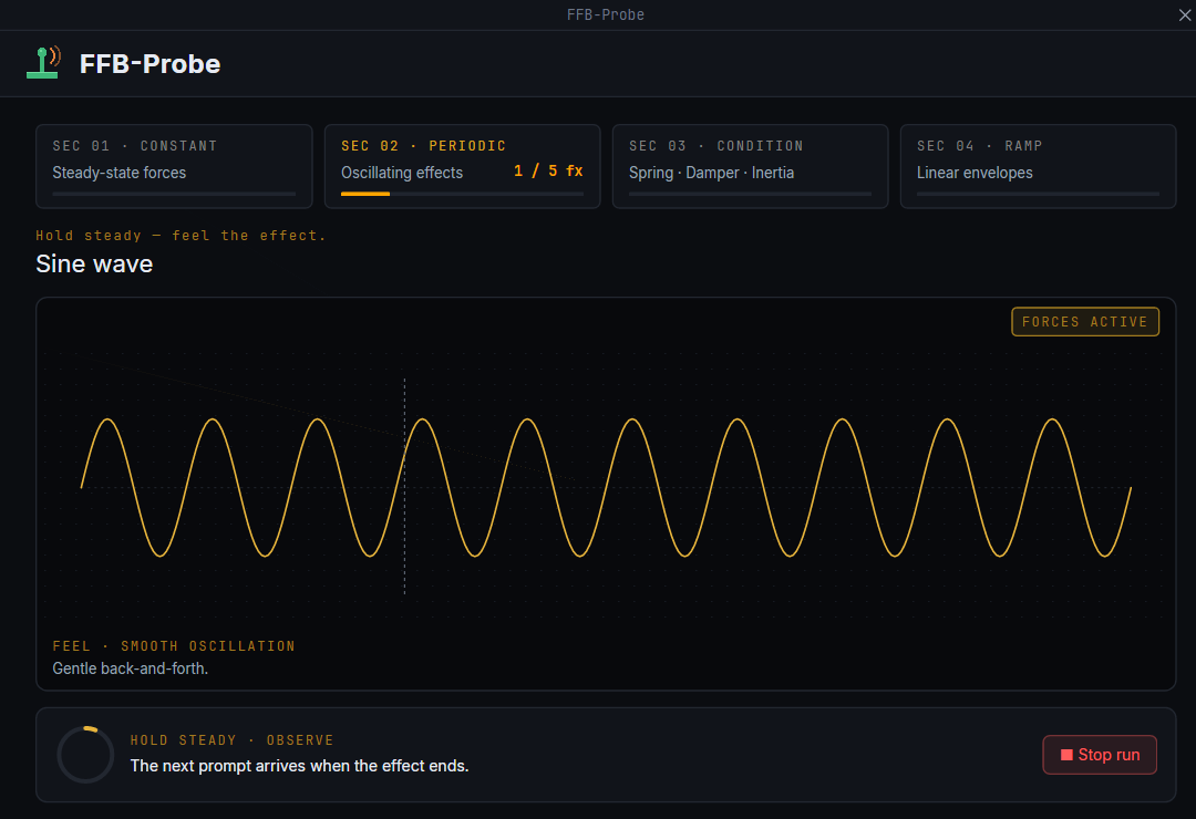 FFB Probe running a periodic sine force-feedback test.